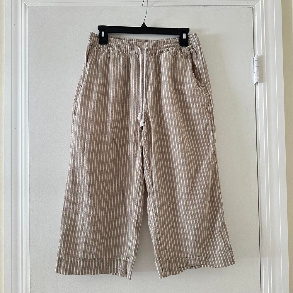 Beachlunchlounge Womens Small Tan White Striped Linen Cotton Wide Leg Crop Pants
